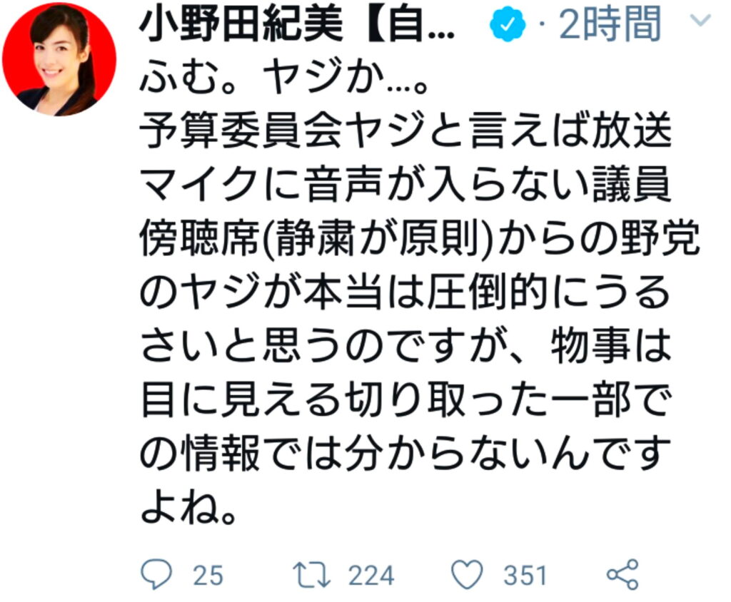 小野田紀美大臣 ヤジ 出典：X